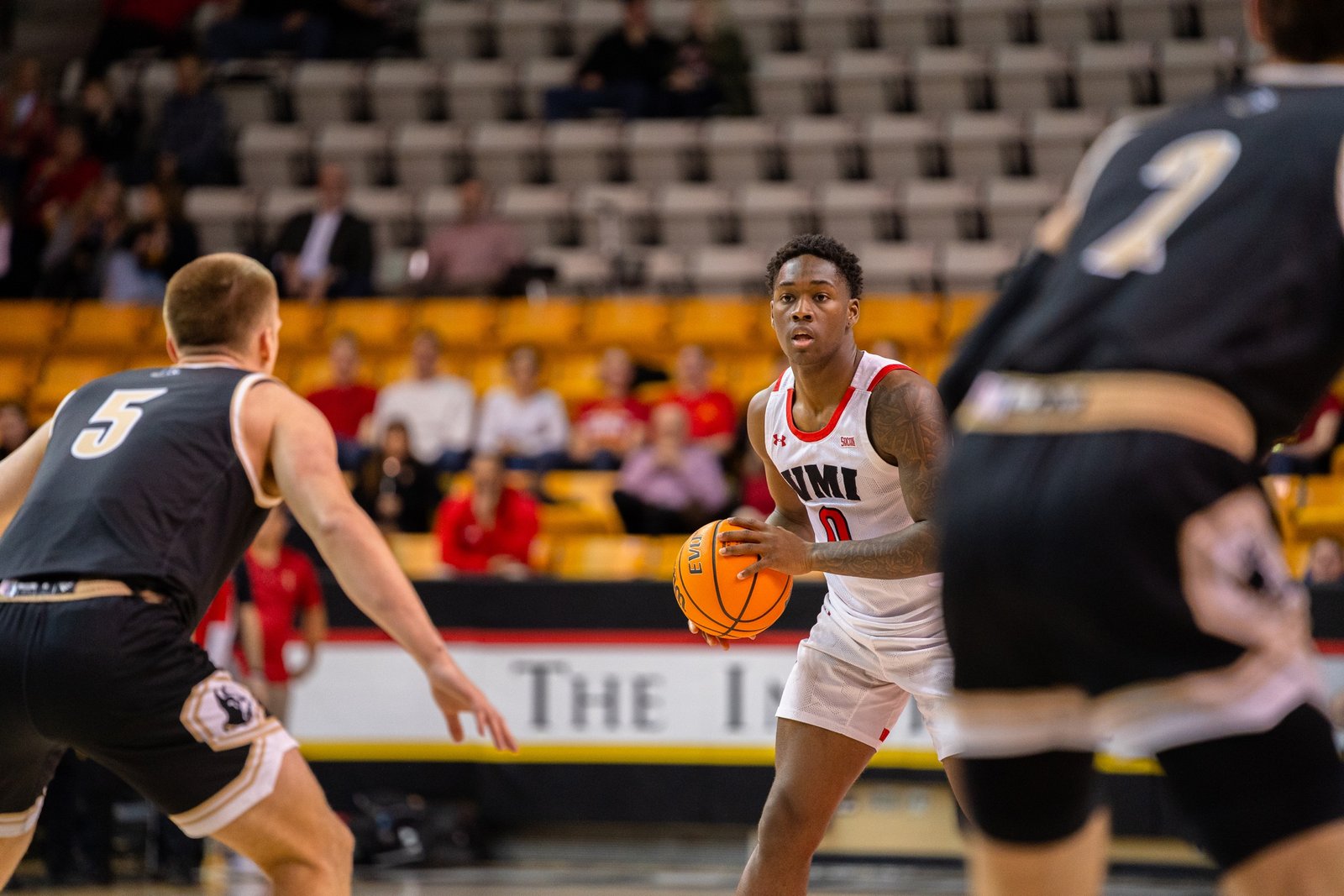Basketball player sizing up a defender with the ball