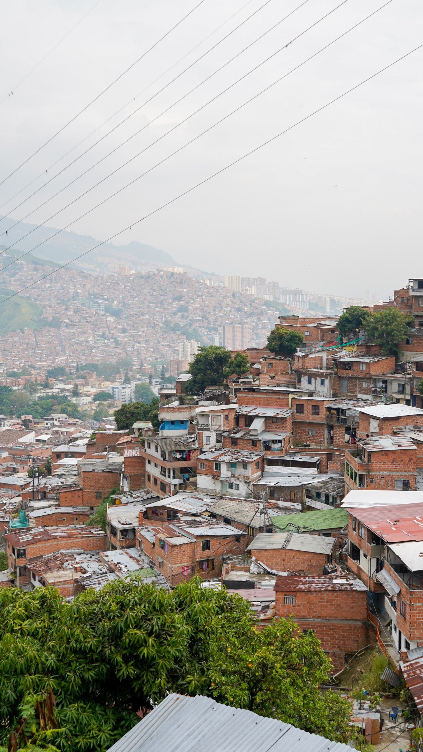 Hillside city neighborhood under pale mountain haze
