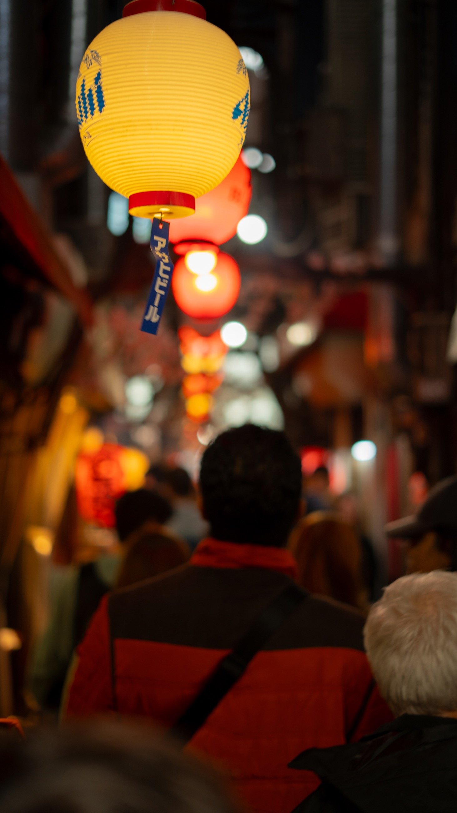 Lanterns glowing above a crowded night street